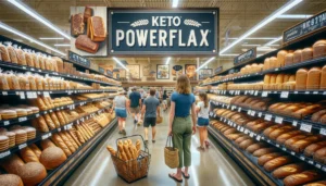 A busy grocery aisle featuring baked goods produced with Keto PowerFlax Baking Mix