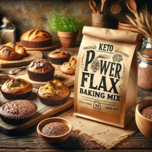 An artistic rendering of a bag of Keto PowerFlax Baking Mix, surrounded by flax-infused baked goods