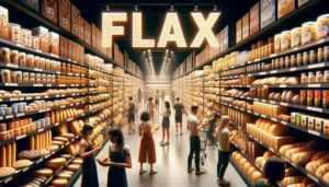 A bakery aisle in the grocery store with flax products and a big "FLAX" sign