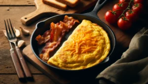 A pan containing a cheese omelette and bacon.