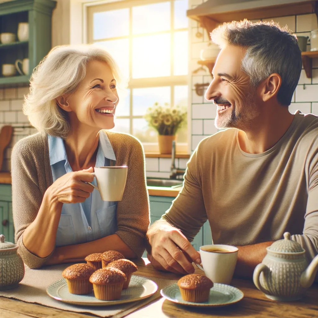 middle-aged couple eating flax muffins and drinking coffee in a sunny kitchen