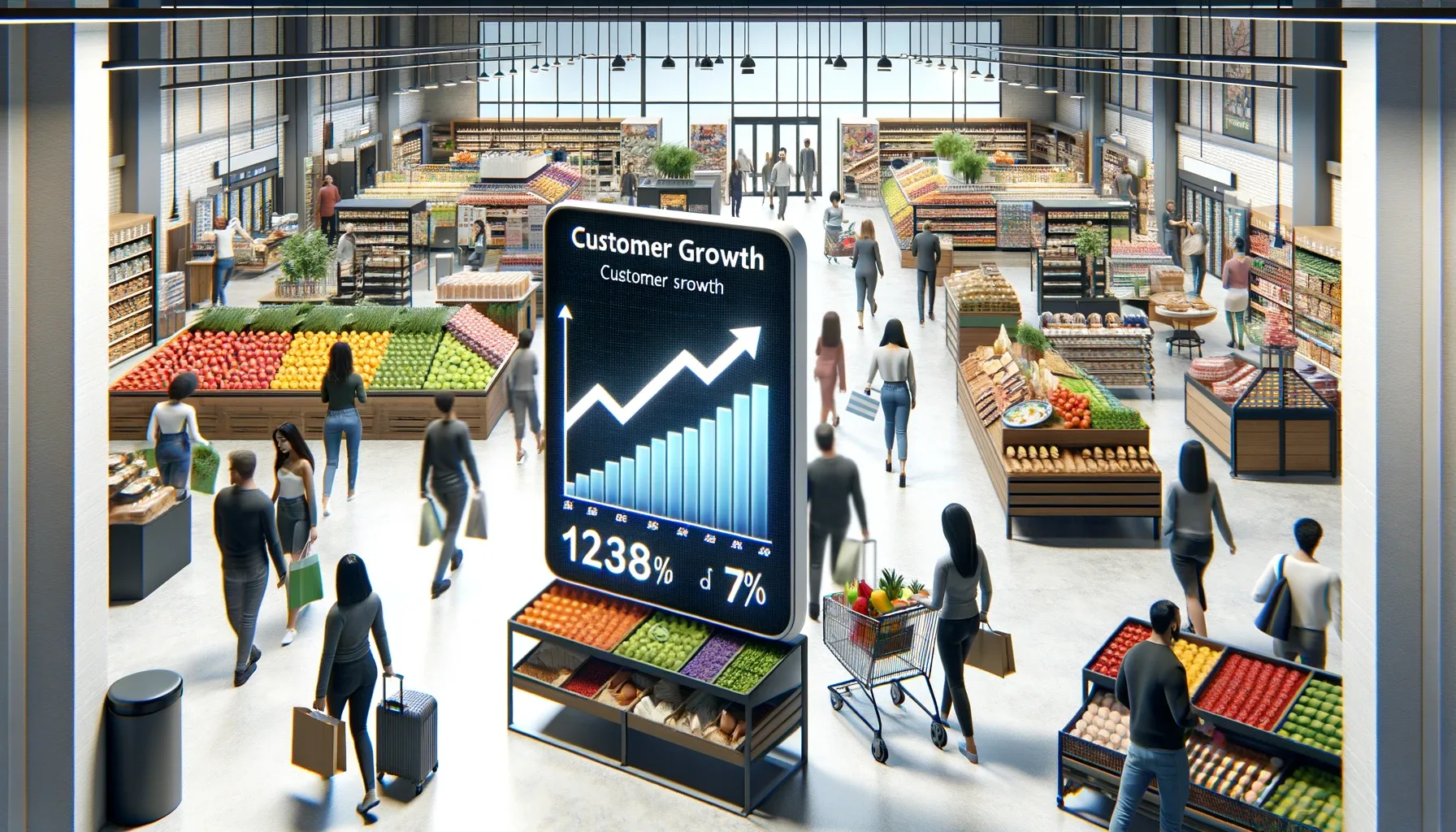 An image depicting a grocery store and a graph of customer growth