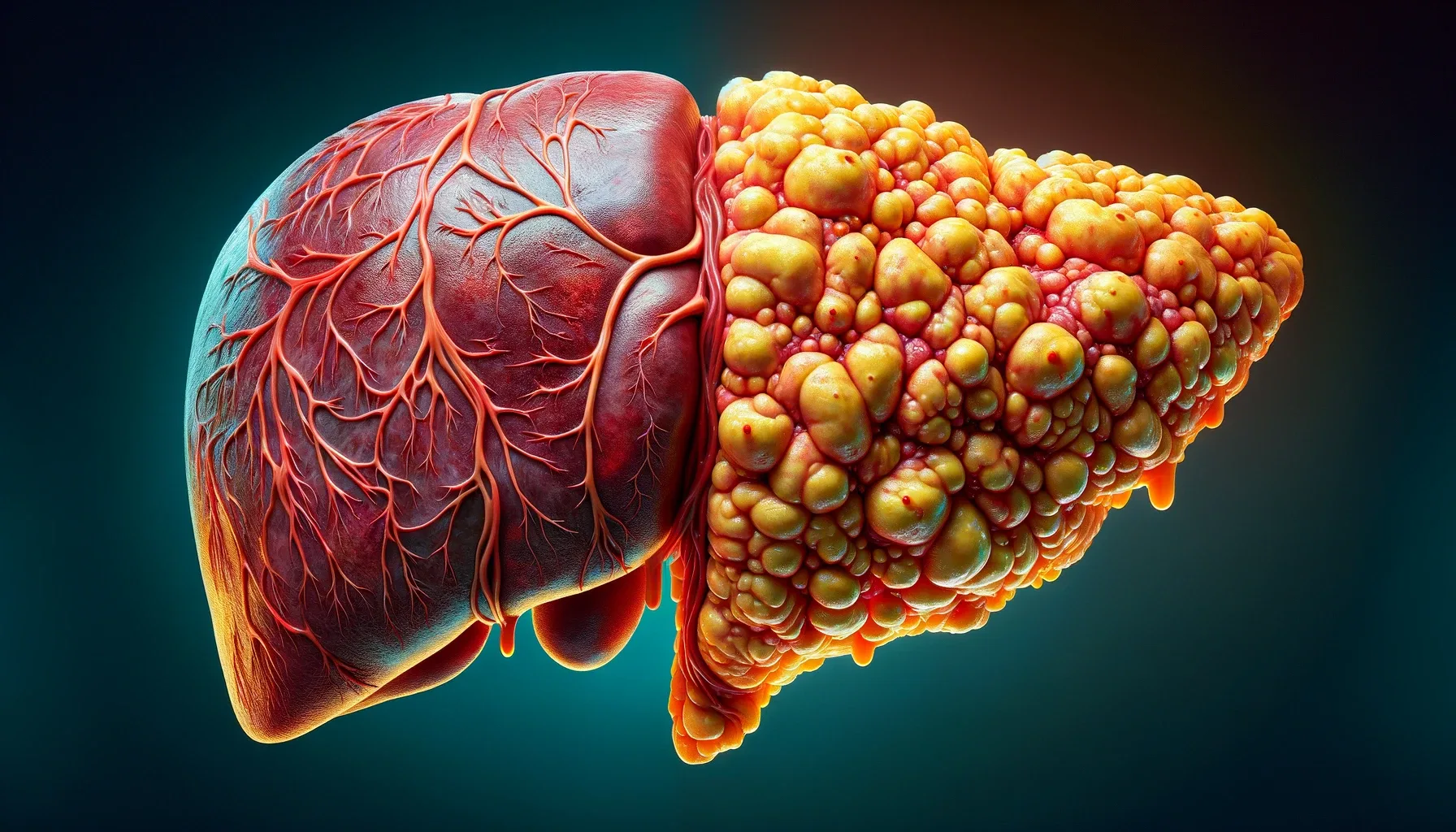 An image depicting the difference between a healthy liver and one with fatty liver disease (NAFLD).