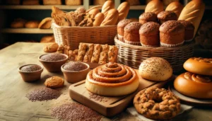  A bakery display of baked goods make wity flax, including cinnamon buns, bread and cookies