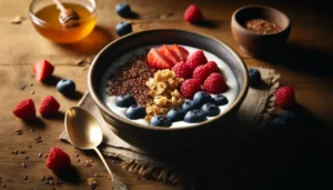 A bowl of granola, fruit and yogurt, with flax seeds sprinkled on top.
