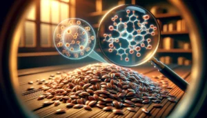 An image depicting the molecular structure of omega-3 fatty acids and lignans in flax seeds.