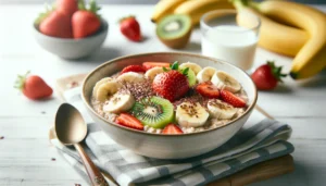 A bowl of oatmeal with fruit and flax seeds
