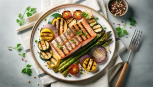 A grilled salmon and zucchini dinner with asparagus on a platter.