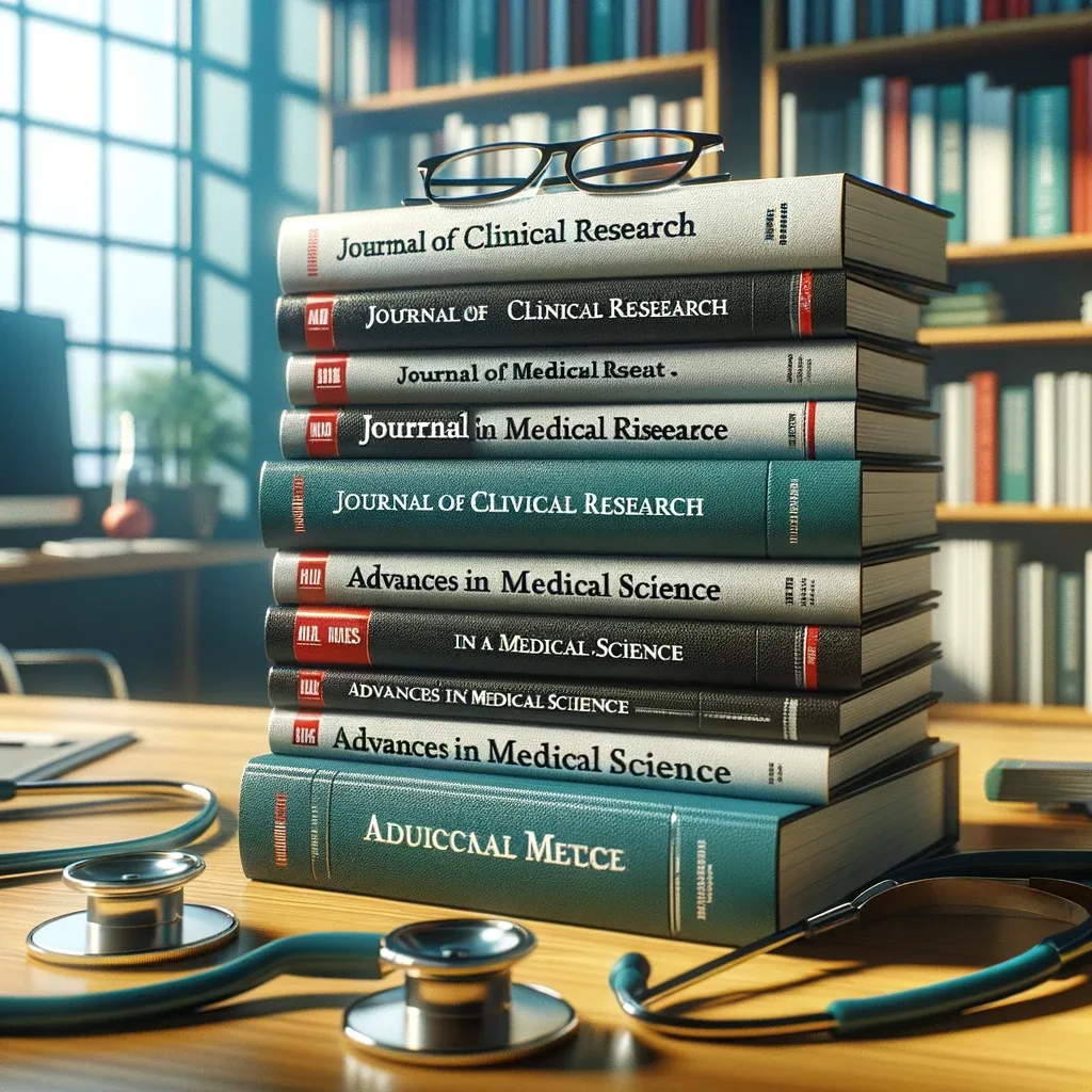 a stack of medical journals on a table with a stethoscope