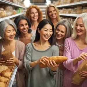 A group of mixed race women in their 50s shopping for wholesome flax bakery goods.