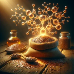 An image depicting flaxseed and omega-3 fatty acid molecules