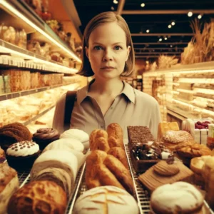 A woman who is dieting stands in front a bakery display. She is disappointed.