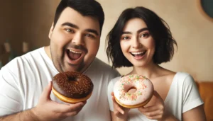 A smiling couple hold large, delicious doughnuts with icing.