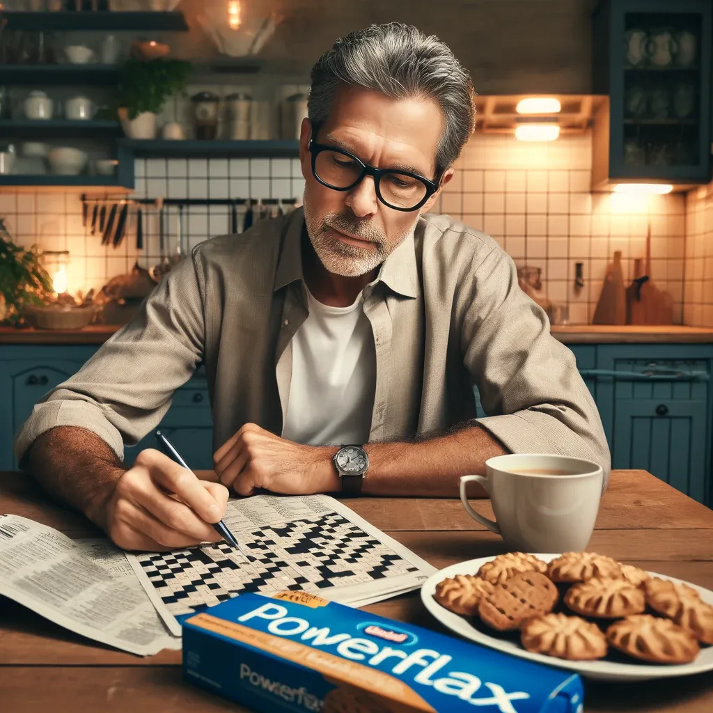 A man in his sixties works on a crossword table at his kitchen table while snacking on high protein, low carb PowerFlax cookies.