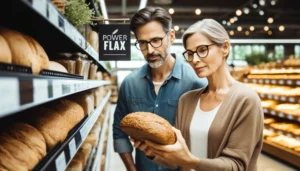 A couple examines a loaf of healthy PowerFlax bread in the bakery aisle of a grocery store.