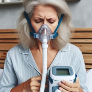 A woman in her fifties wears a CPAP machine. She looks uncomfortable.