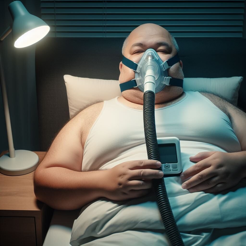 A fat man wearing a CPAP machine lies in bed