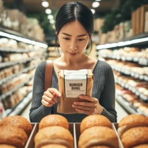 A young Chinese woman examines a burger buns label in the bakery section of a grocery store. Discover how Keto PowerFlax Baking Mix is setting new standards in commercial baking with its versatile, low-carb solution that caters to the growing demand for ketogenic and health-conscious baked goods.