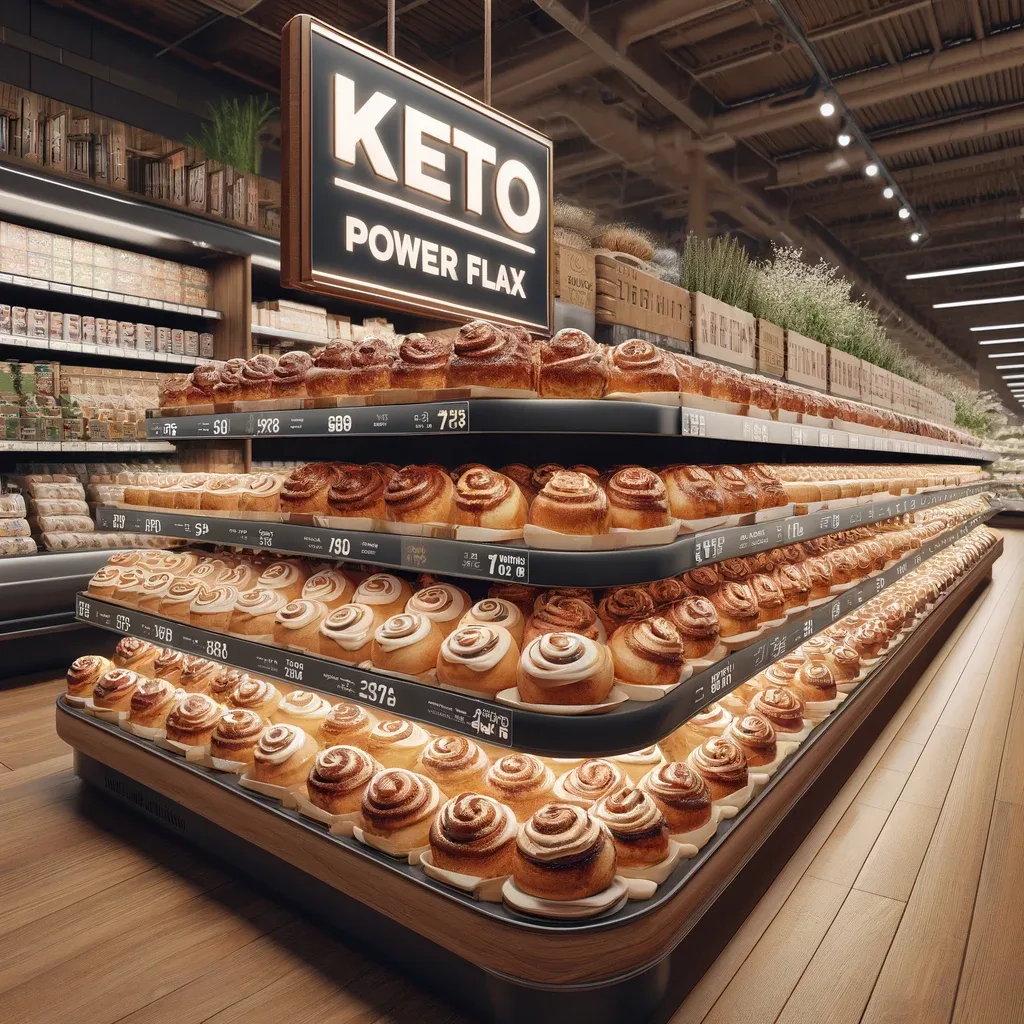 A display of keto, vegan cinnamon buns in a grocery store, produced with Keto PowerFlax Baking Mix.
