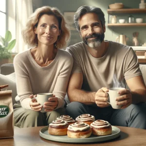A middle-aged couple relaxes at home with coffee and keto vegan cinnamon buns produced with Keto PowerFlax Baking Mix.