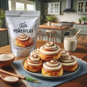 A plate of keto, plant-based cinnamon buns on a kitchen table in a large, modern kitchen. A bag of Keto PowerFlax Baking Mix is visible.