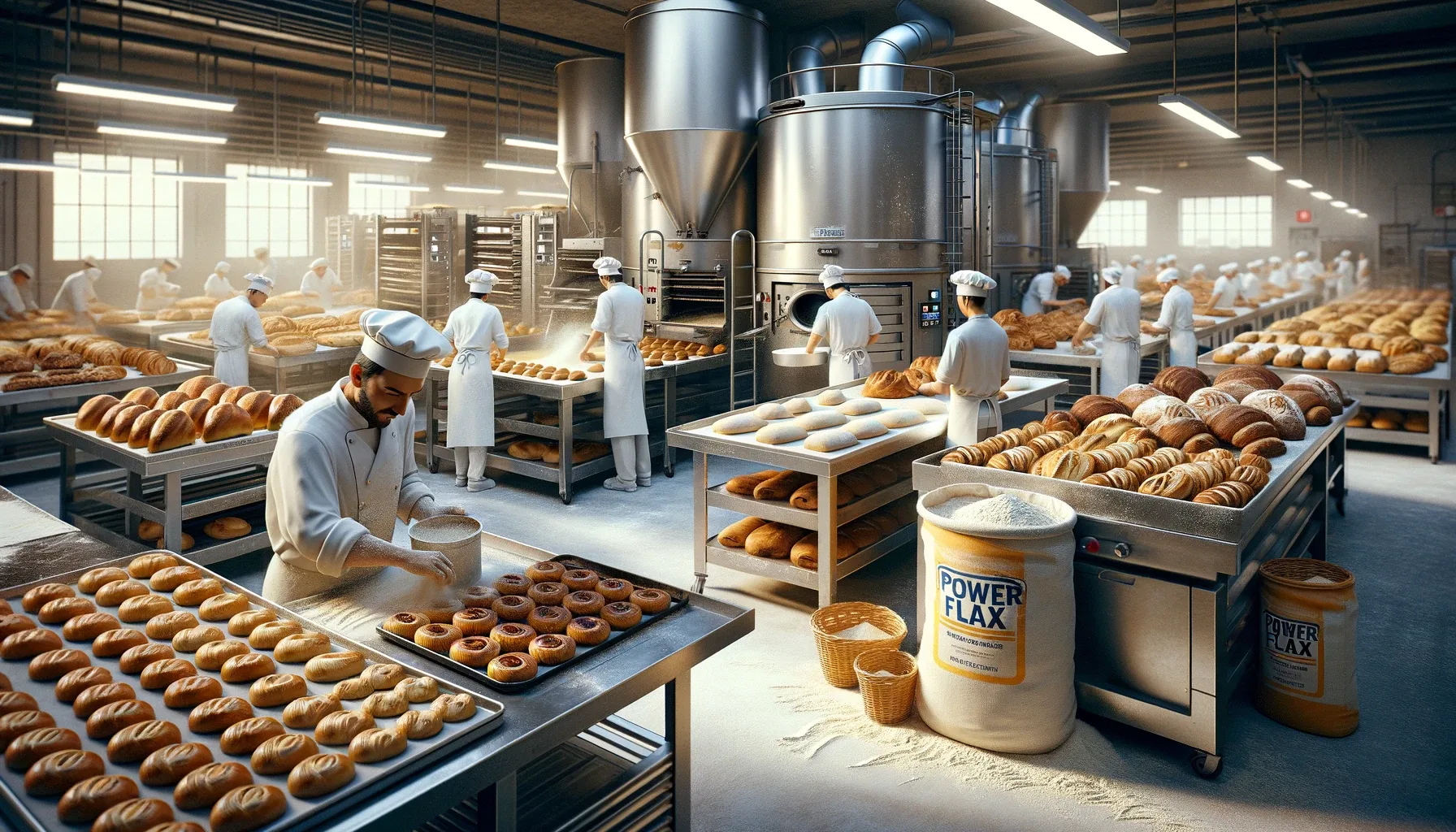 A busy production area of a commercial bakery, producing bakery items made with Keto PowerFlax Baking Mix.