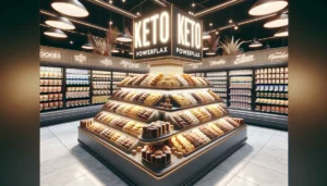An attractive grocery store display of keto cookies produced with Keto PowerFlax Baking Mix.