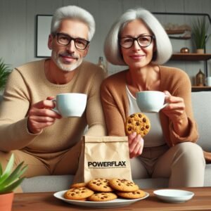 A couple in their fifties relaxing at home with keto cookies produced with Keto PowerFlax Baking Mix and a cup of coffee.