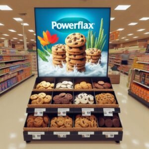 A grocery store display of a wide variety of keto cookies produced with Keto PowerFlax Baking Mix.
