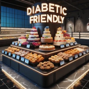A grocery store display of diabetic-friendly cakes and pastries.