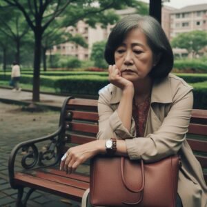 A depressed Chinese woman in her fifties sits on a park bench on a cloudy day.