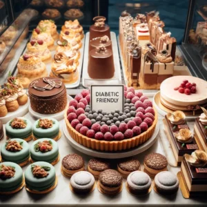 A tempting display of pastries. A sign says 'Diabetic Friendly'