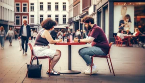 A n overweight couple sits at an outdoor table