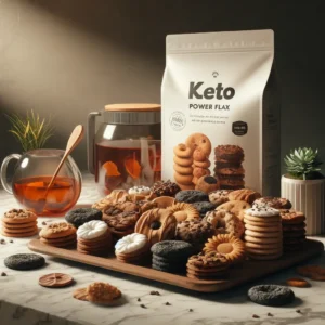 A variety of keto cookies are displayed, along with a bag labelled Keto PowerFlax