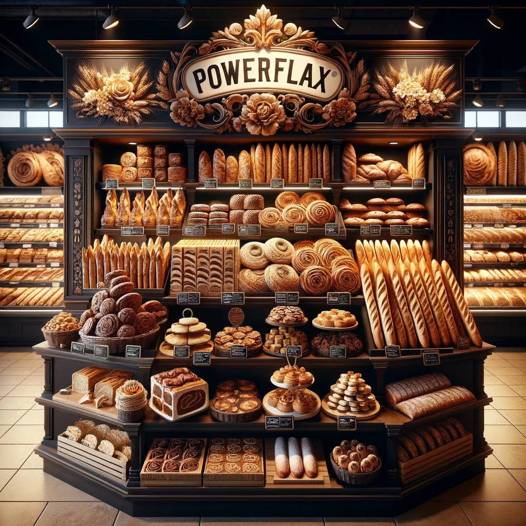 A gorgeous display of wholsesome baked goods produced with PowerFlax. Keto PowerFlax Baking Mix for commercial bakeries is a versatile, low-carb solution, catering to the demand for ketogenic and health-conscious baked goods.