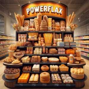 A grocery store display of bakery items produced with Keto PowerFlax Baking Mix.