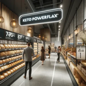 A bakery aisle in an attractive, modern grocery store, featuring keto-friendly bakery items made by Keto PowerFlax Baking Mix.