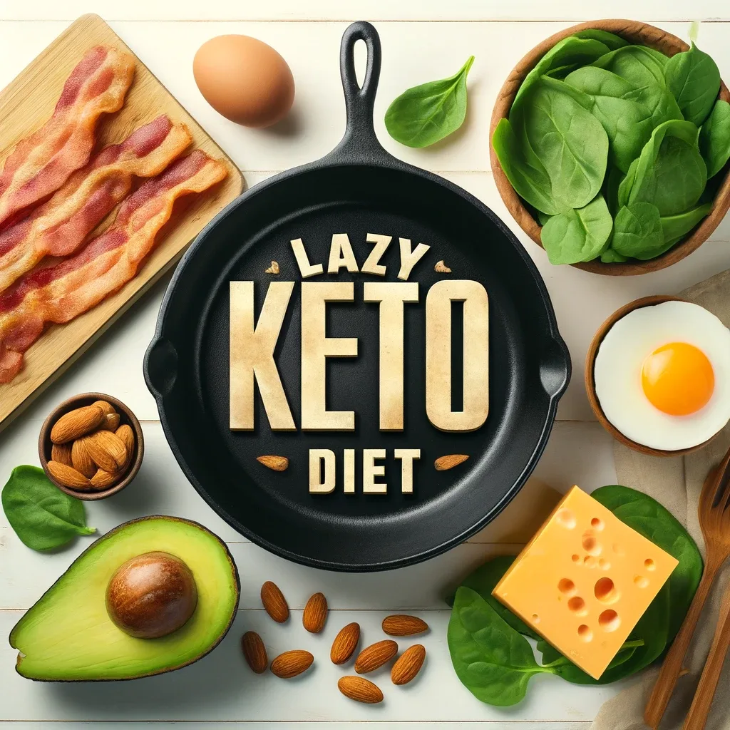 An image depicting the lazy keto diet, incuding a frying pan surrounded by keto-friendly foods.