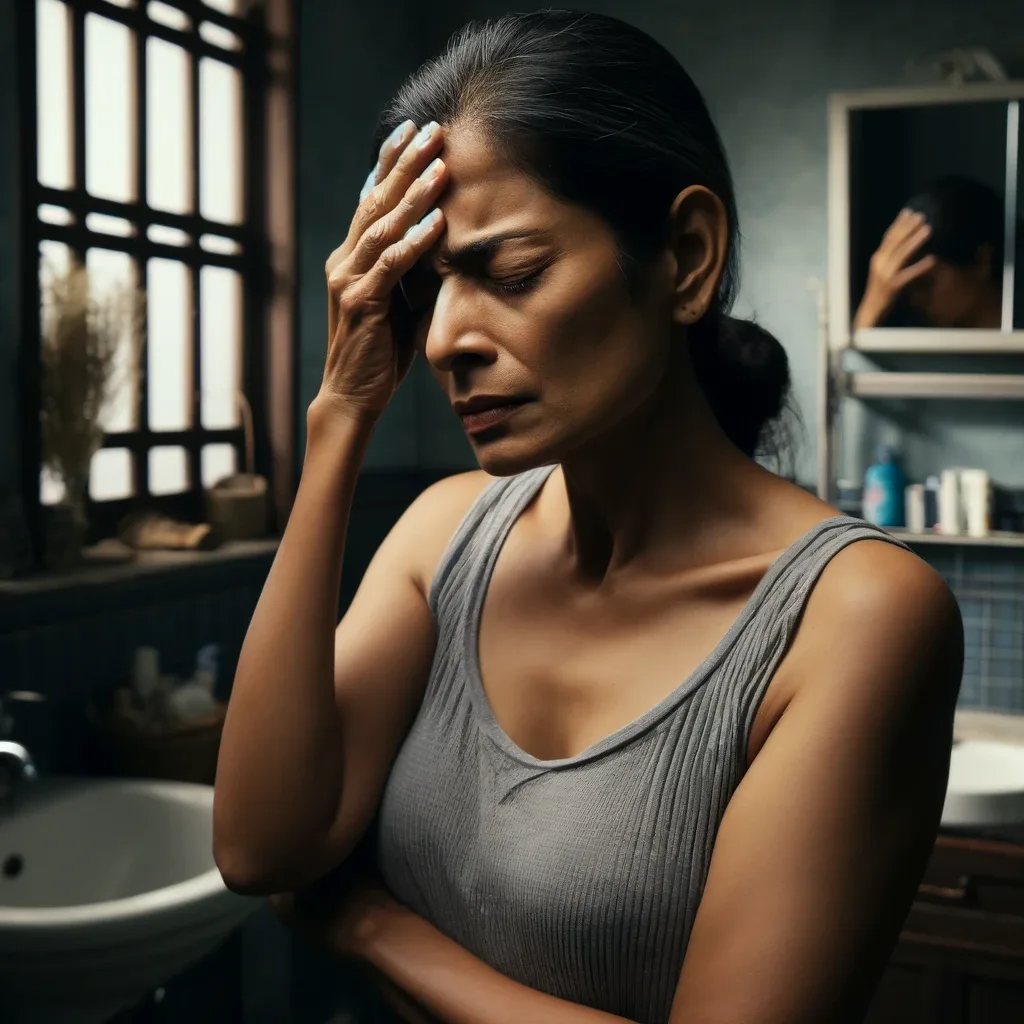 An east Indian woman in her forties is suffering with a migraine headache.