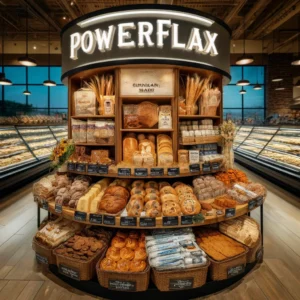 An attractivedisplay of PowerFlax baked products in a grocery store.