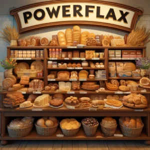 A grocery store bakery display of Keto PowerFlax bread, buns, cookies, cinnamon buns and more, produced with Keto PowerFlax Baking Mix.