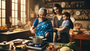 A South Asian mother holds her young child as they watch the grandmother prepare food at the stovetop.
