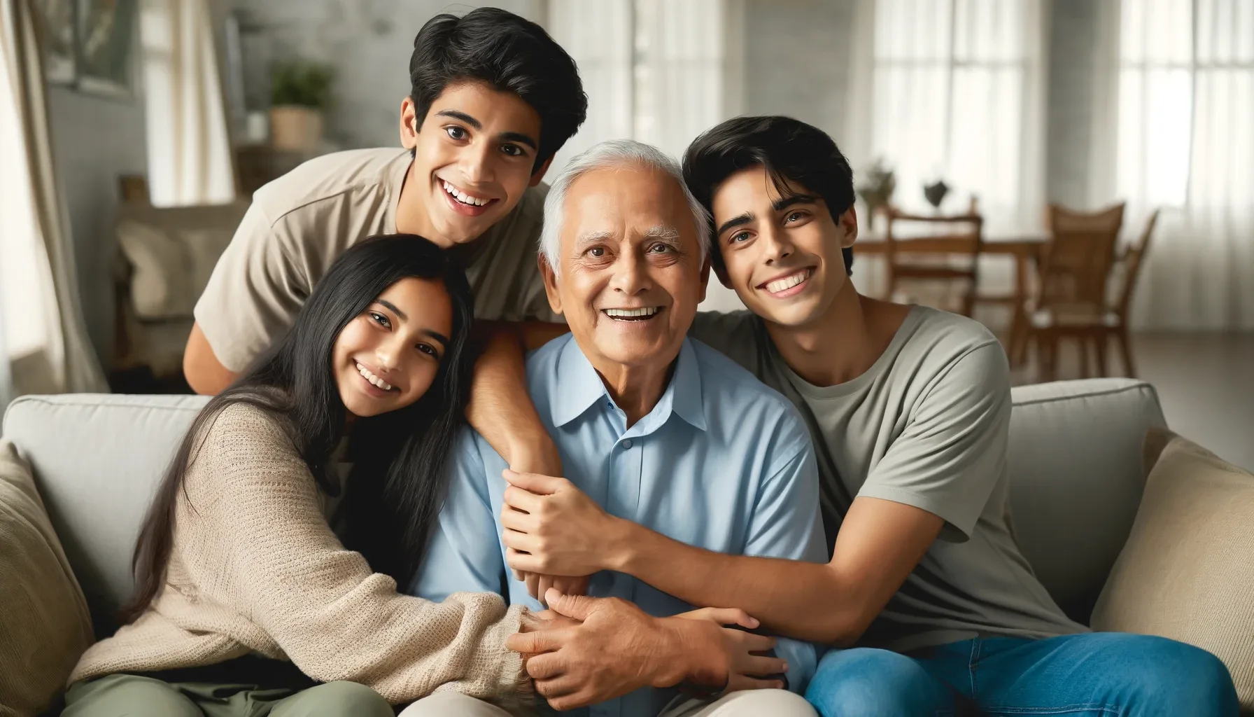 An image of a n older South Asian and his three grandkids.