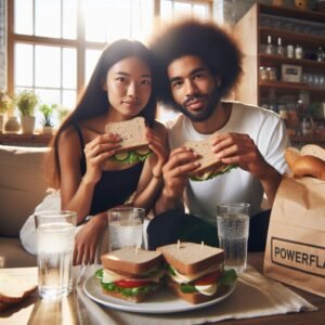 A young couple enjoys healthy sandwiches made on keto bread by PowerFlax