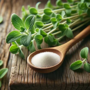 An image of the stevia plant and a spoonful of powdered stevia sweetener.