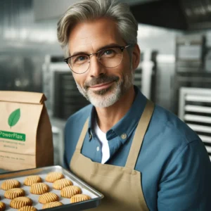 A professional baker in a commercial test kitchen has made a small batch of keto cookies produced with Keto PowerFlax Baking Mix.