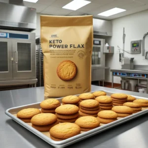 A tray of freshly baked keto cookies produced with Keto PowerFlax Baking Mix are displayed in a commercial bakery test kitchen.