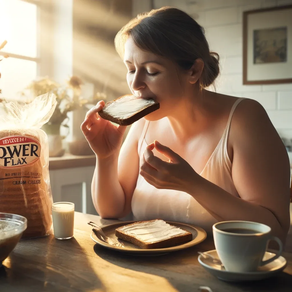 A woman enjoys her breakfast, including satisfying, high protein, keto toast made with PowerFlax bread.