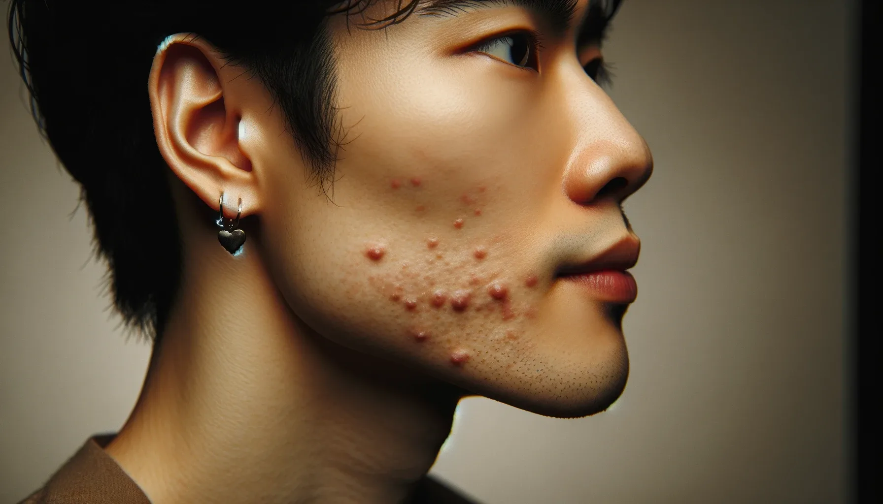 An image of a young Asian man with moderate acne on his jaw area.