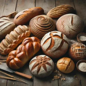 An assortment of unique, rustic-looking artisan breads.